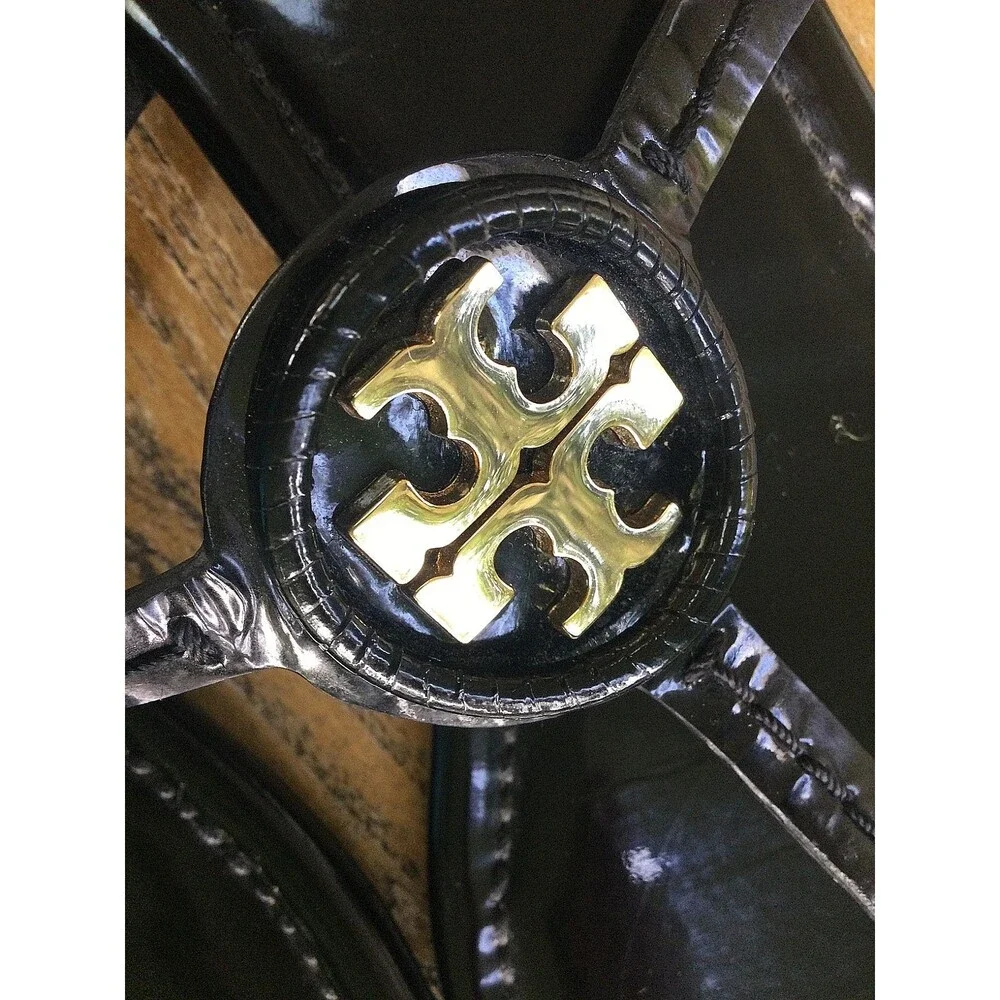 Tory Burch Dillan Black Patent Leather Flat Sandal Womens Size 10.5